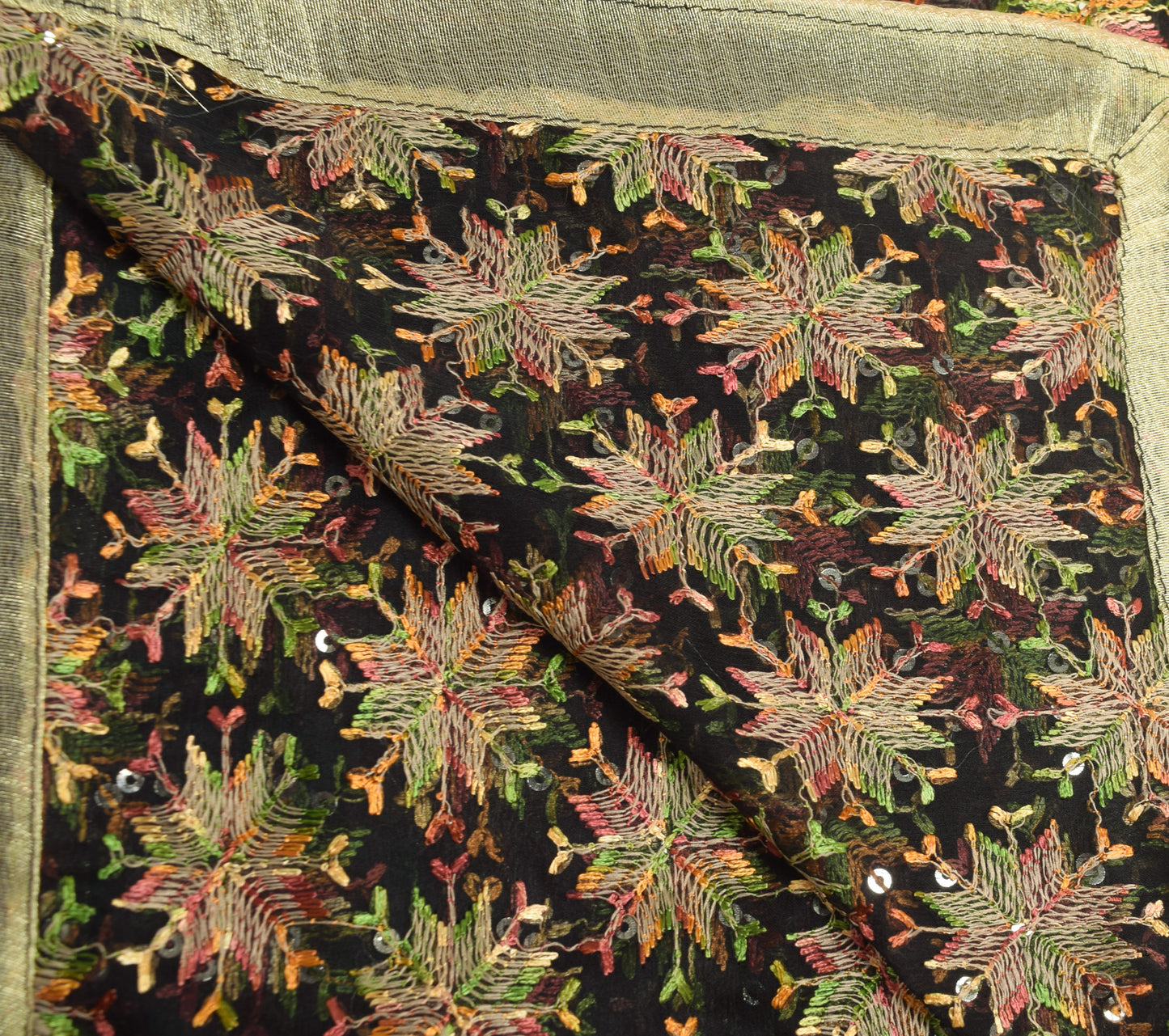 Sushila Vintage Black Chiffon Silk Dupatta Phulkari Embroidered Long Stole Veil