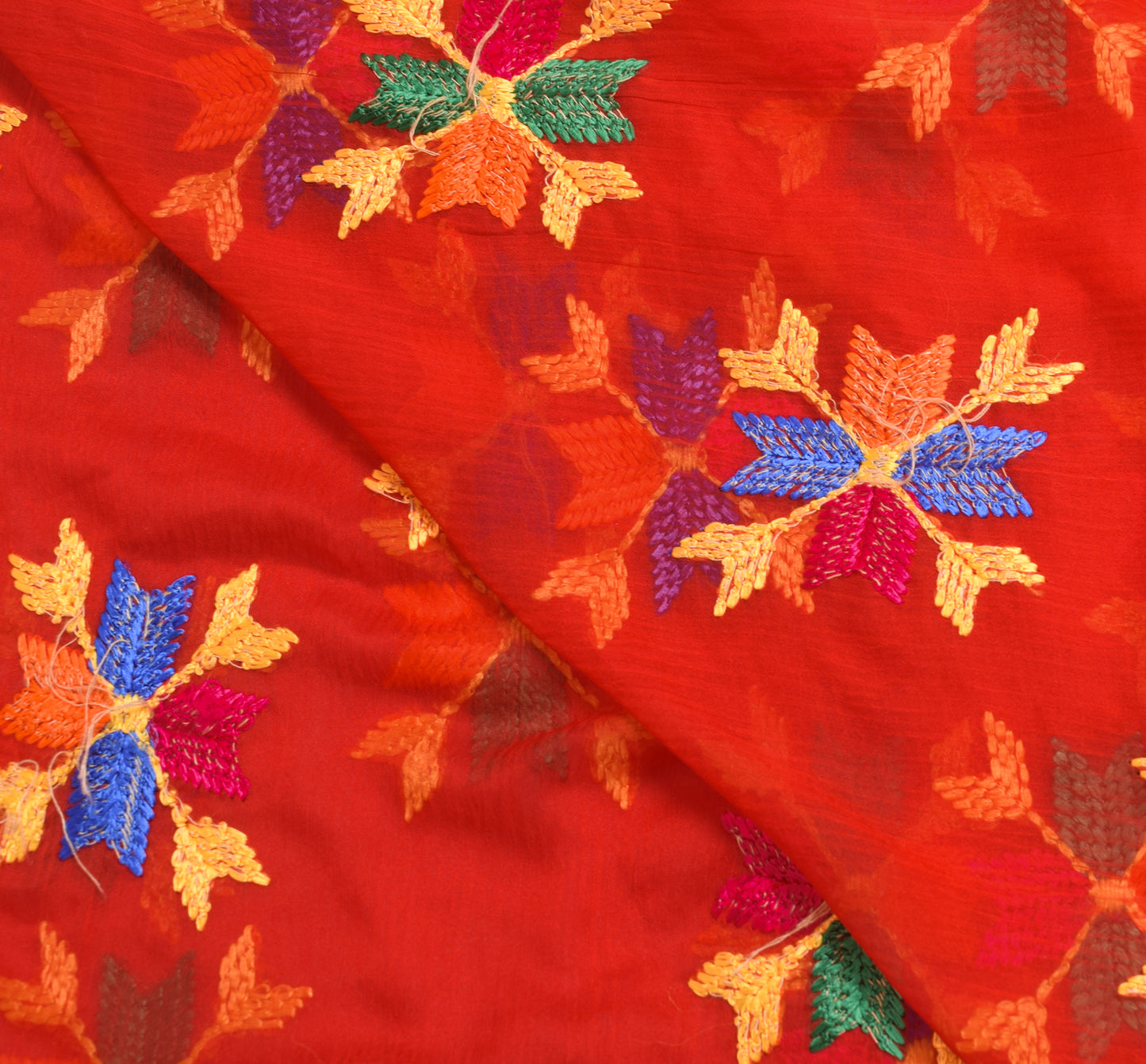 Sushila Vintage Red Floral Dupatta Chiffon Silk Phulkari Embroidered Long Stole