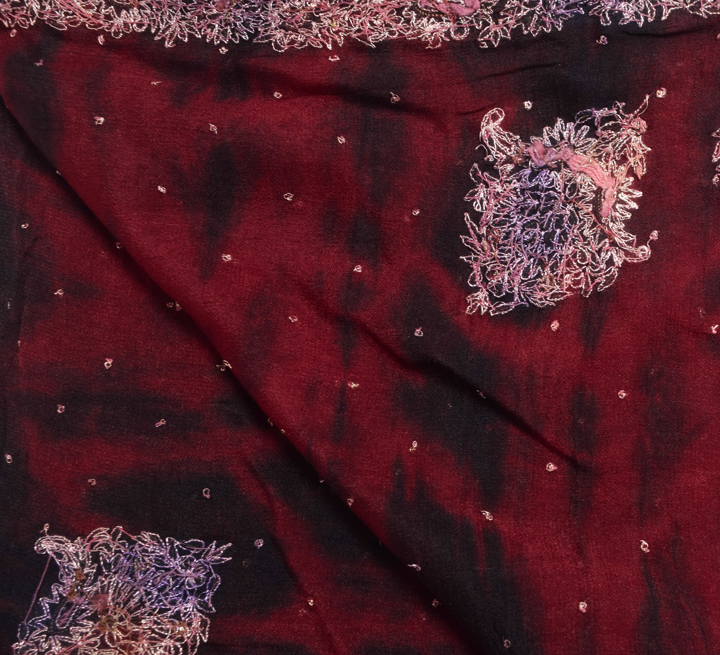 Sushila Vintage Maroon Tie-Dye Dupatta Chiffon Pure Silk Hand Beaded Long Stole