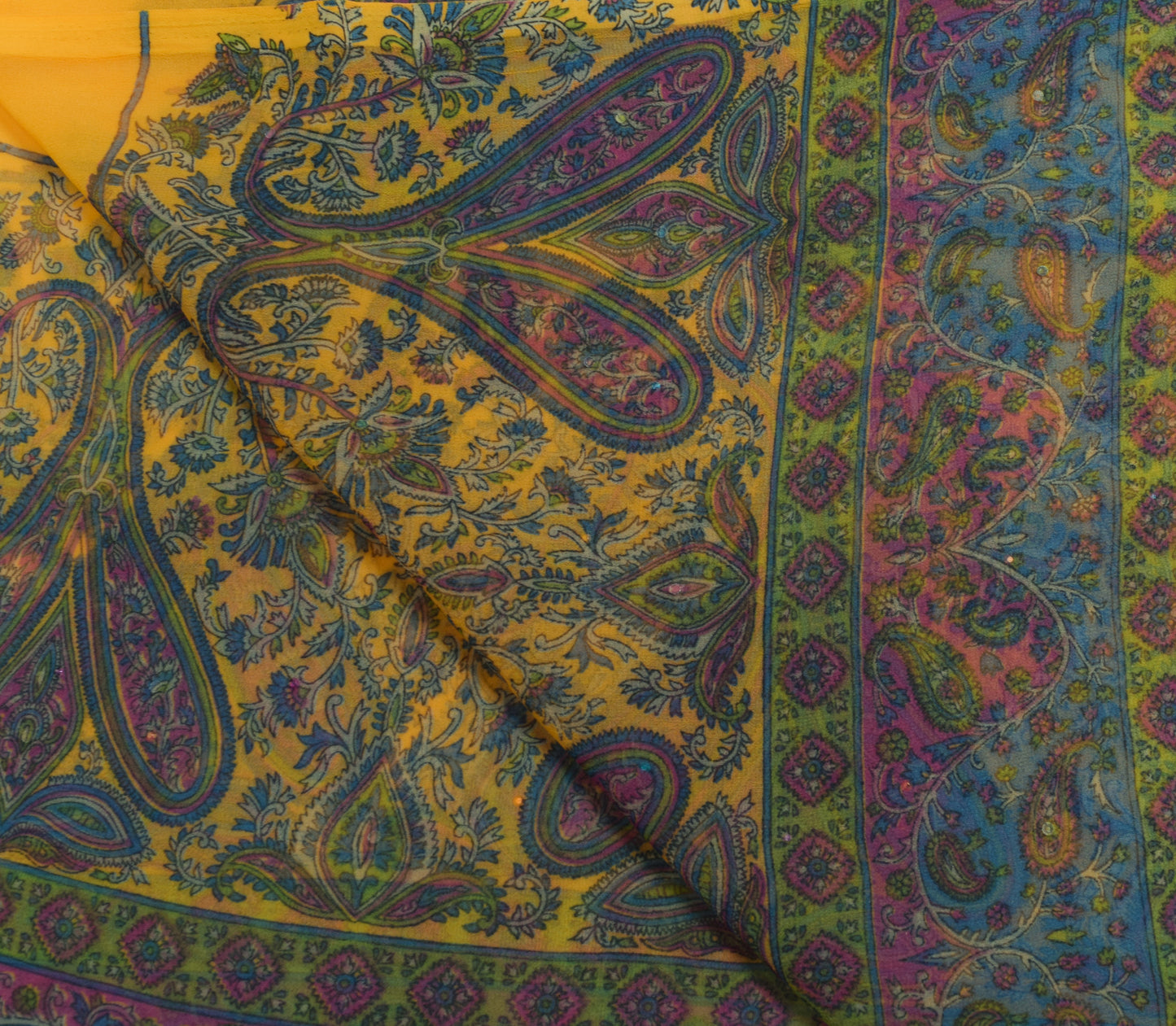 Sushila Vintage Yellow Blend Georgette Silk Dupatta Paisley Printed Long Stole