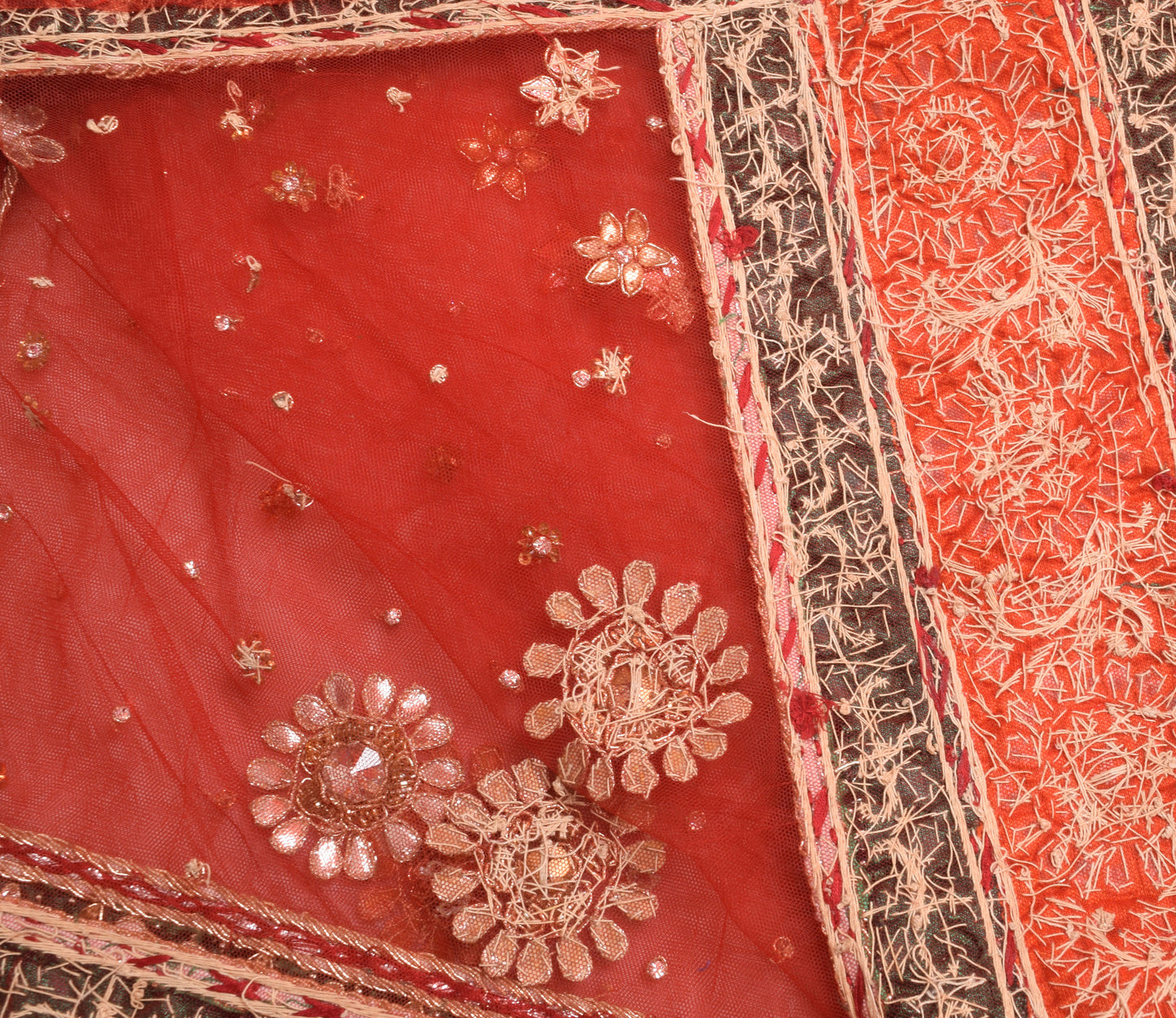 Sushila Vintage Red Bridal Heavy Dupatta Net Mesh Hand Beaded Floral Long Stole