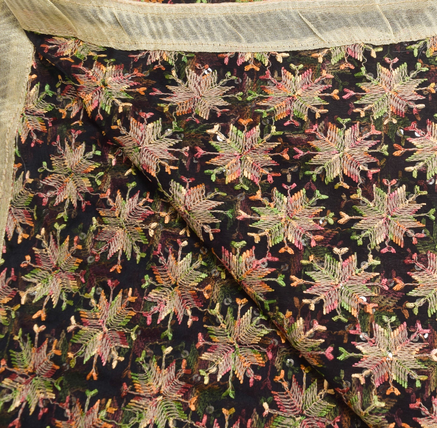 Sushila Vintage Black Chiffon Dupatta Phulkari Embroidered Floral Long Stole