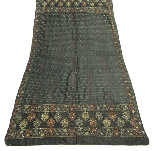 Sushila Vintage Grayish Black Dupatta 100%Pure Silk Woven Floral Long Stole Wrap