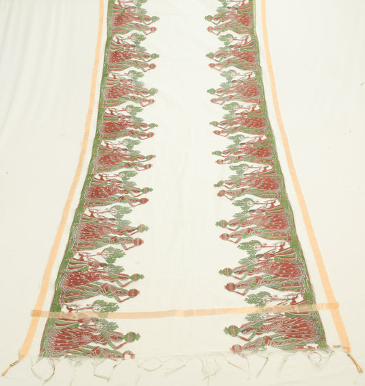 Sushila Vintage White Dupatta Blend Cotton Human Printed & Woven Long Stole Veil