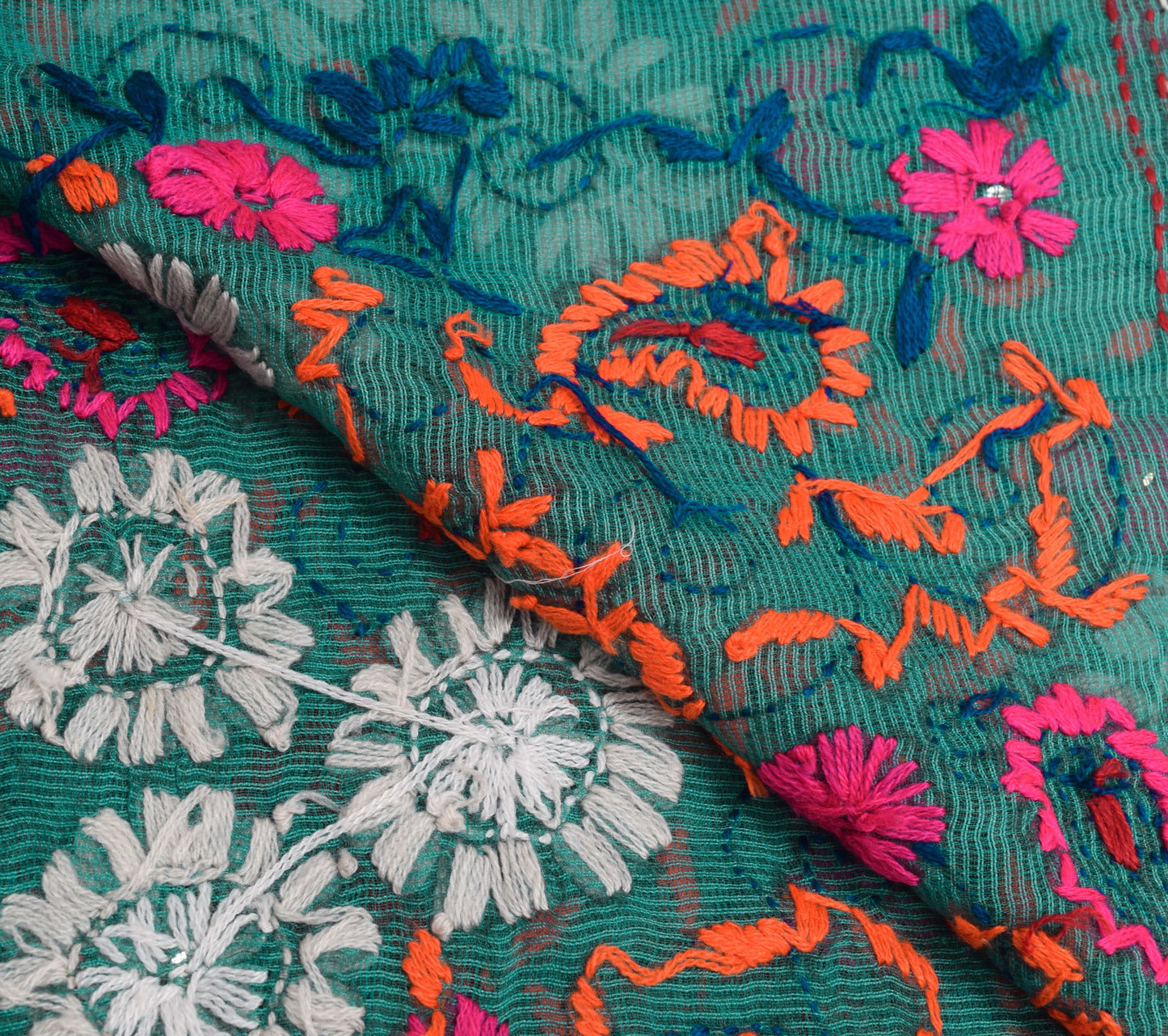 Sushila Vintage Teal Green Cotton Dupatta Hand Embroidered Floral Long Stole