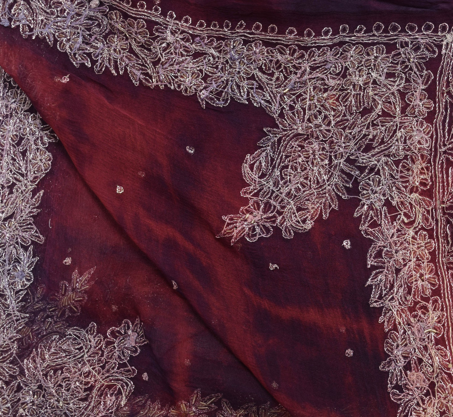 Sushila Vintage Maroon Tie-Dye Chiffon Silk Dupatta Hand Beaded Long Stole Wrap
