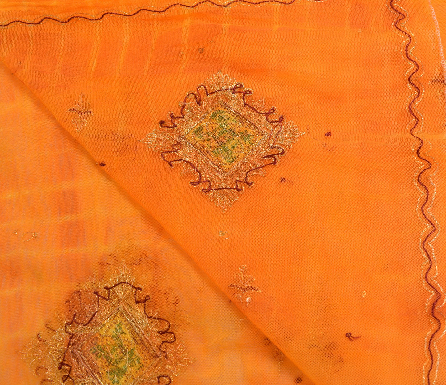 Sushila Vintage Orange Net Mesh Dupatta Zari Embroidered Traditional Long Stole