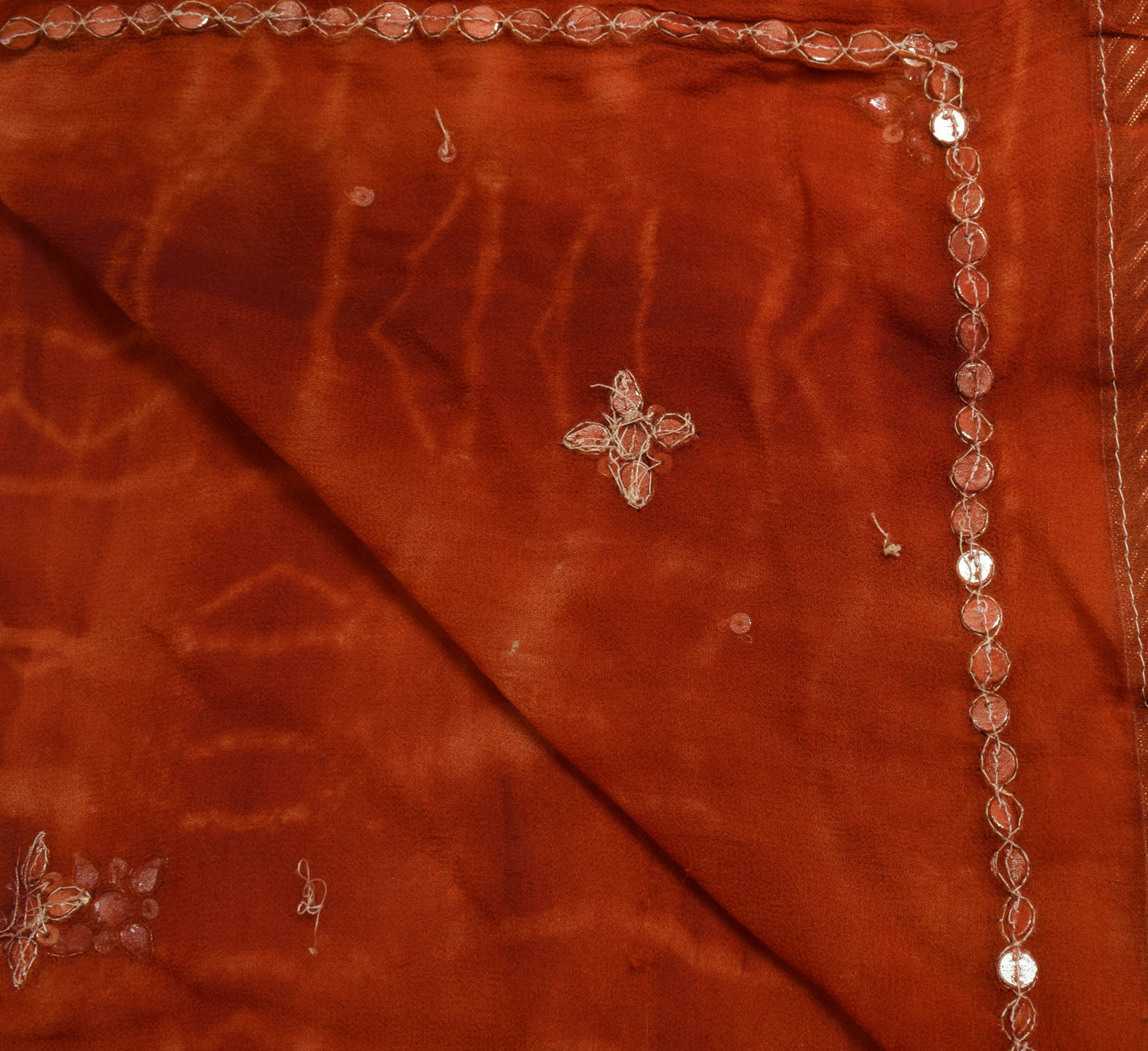 Sushila Vintage TieDye Rust Dupatta Georgette Silk Hand Beaded Floral Long Stole