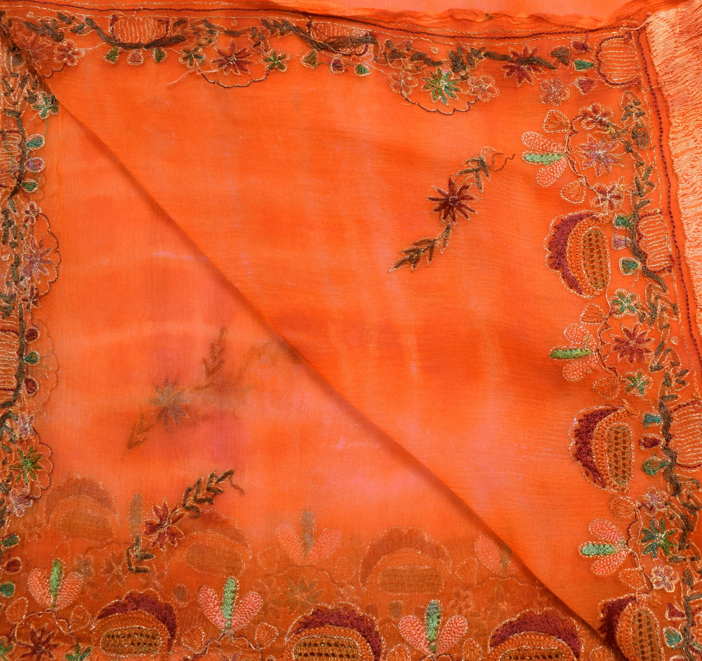 Sushila Vintage Orange Embroidered Dupatta Pure Chiffon Tie-Dye Floral Long Veil