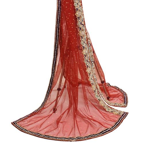 Sushila Vintage Red Net Mesh Bridal Dupatta Hand Beaded Zardozi Work Long Stole