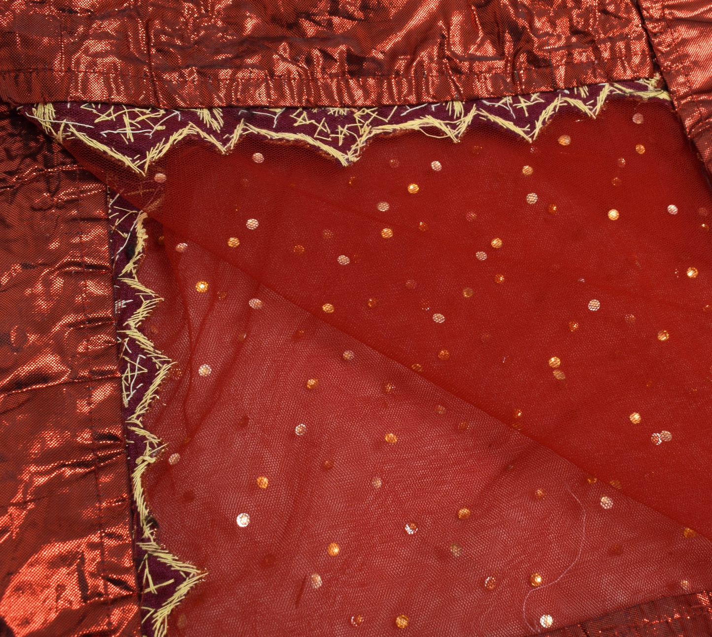 Sushila Vintage Red Net Mesh Bridal Dupatta Hand Beaded Zardozi Work Long Stole
