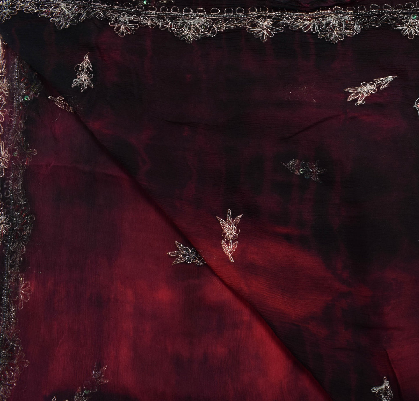 Sushila Vintage Red & Black Tie-Dye Dupatta Hand Beaded Chiffon Silk Long Stole