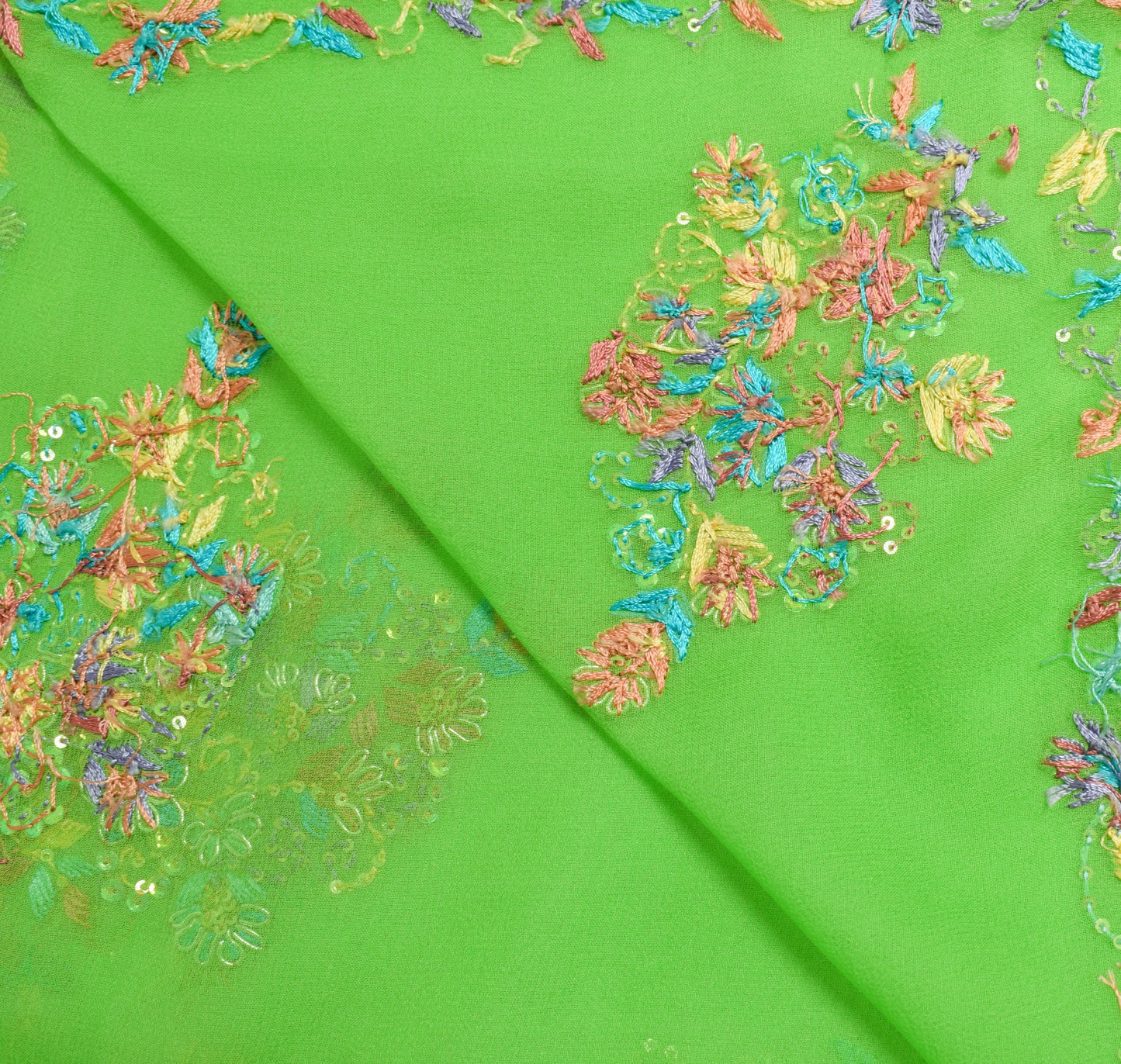 Sushila Vintage Green Georgette Silk Dupatta Hand Embraided Floral Long Stole
