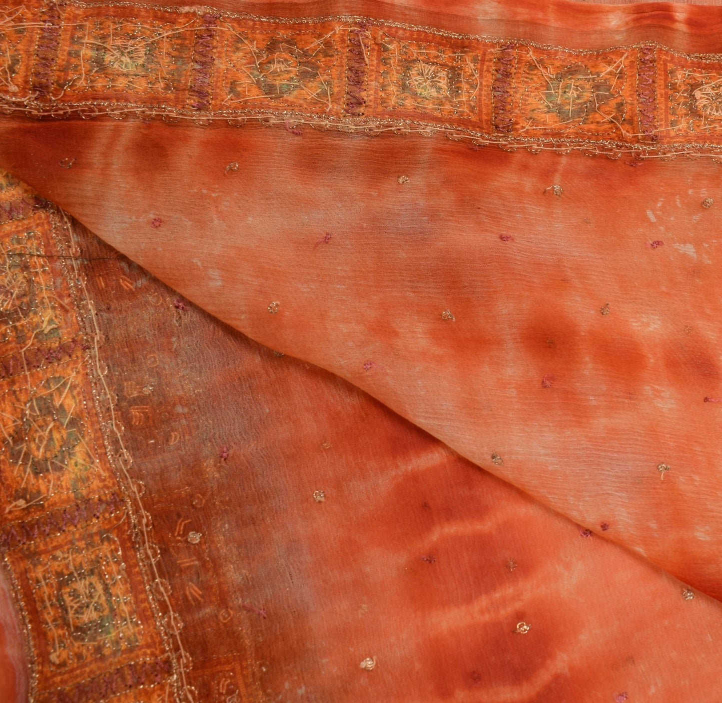 Sushila Vintage Rust Tie-Dye Dupatta Pure Chiffon Silk Embroidered Long Stole