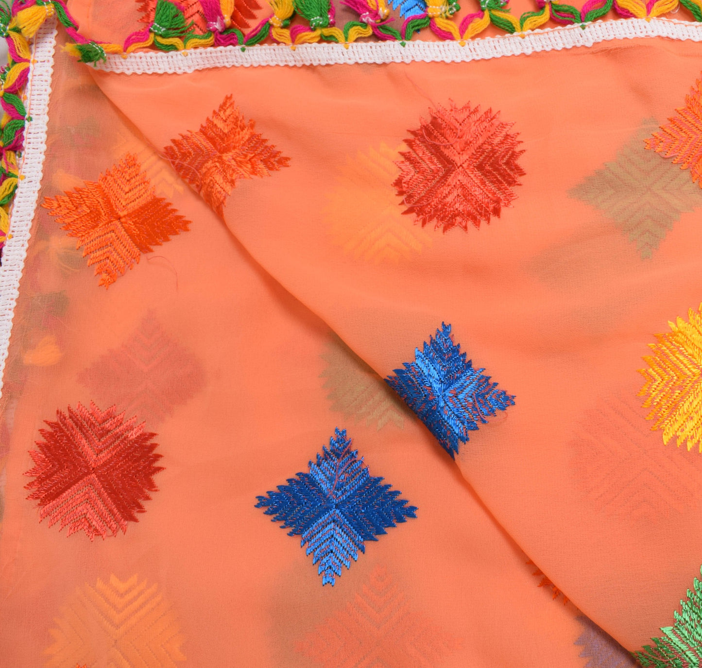 Sushila Vintage Dark Peach Dupatta Georgette Silk Phulkari Long Stole Veil Wrap