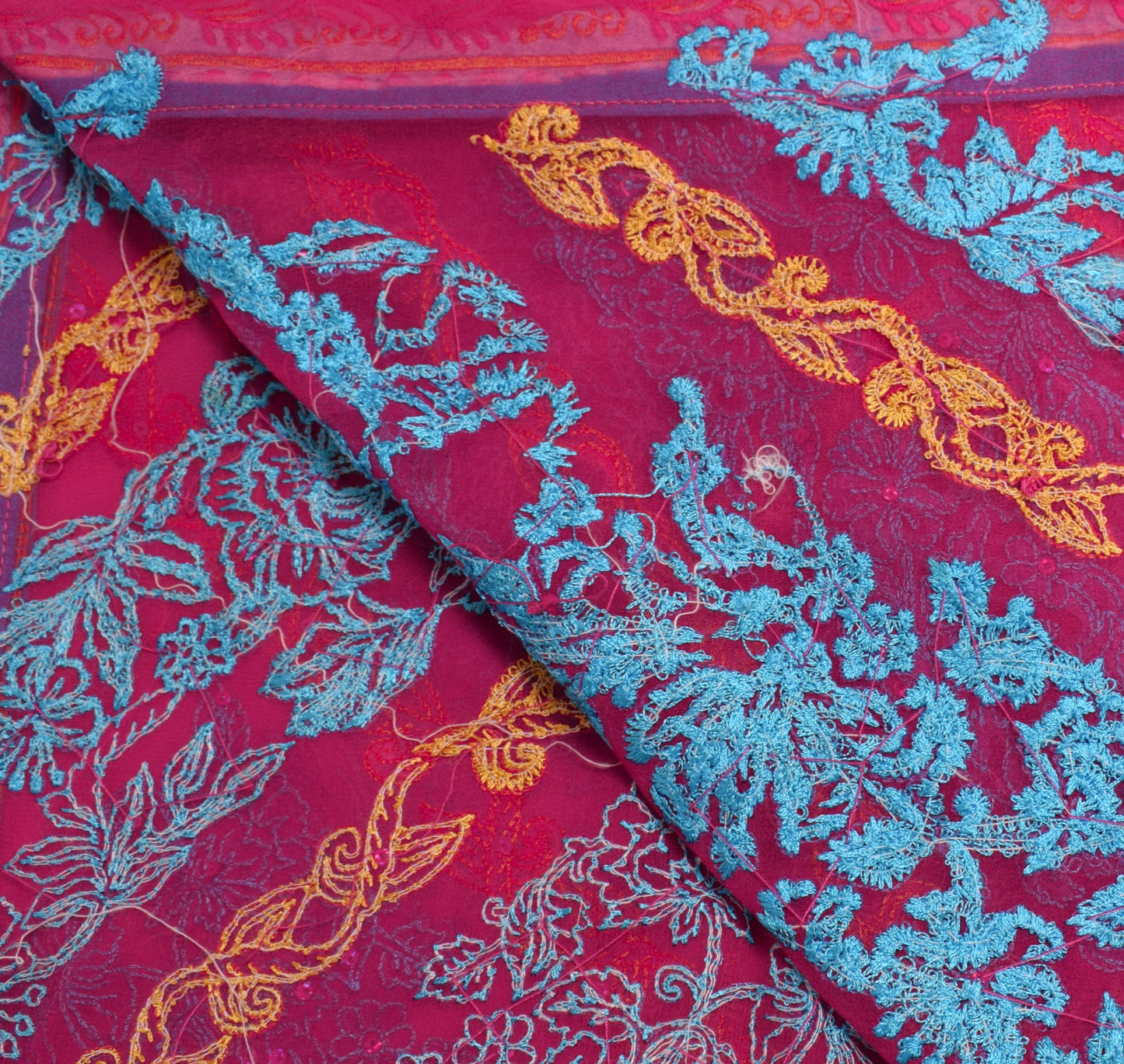 Sushila Vintage Hot Pink Dupatta Georgette Silk Floral Embroidered Long Stole