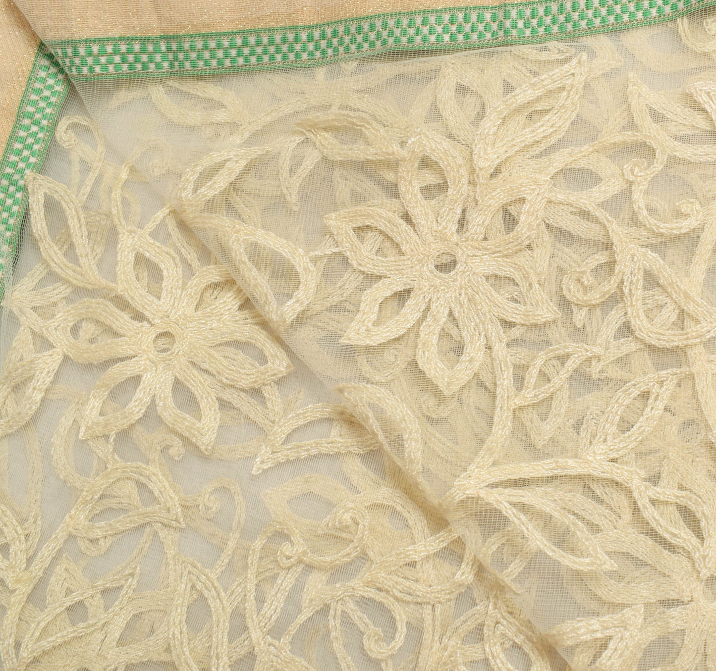 Sushila Vintage Cream Net Mesh Dupatta Embroidered Floral Traditional Long Stole