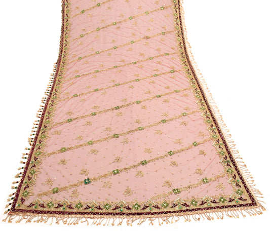 Sushila Vintage Red Net Velvet Fringed Dupatta Hand Beaded Bridal Long Stole