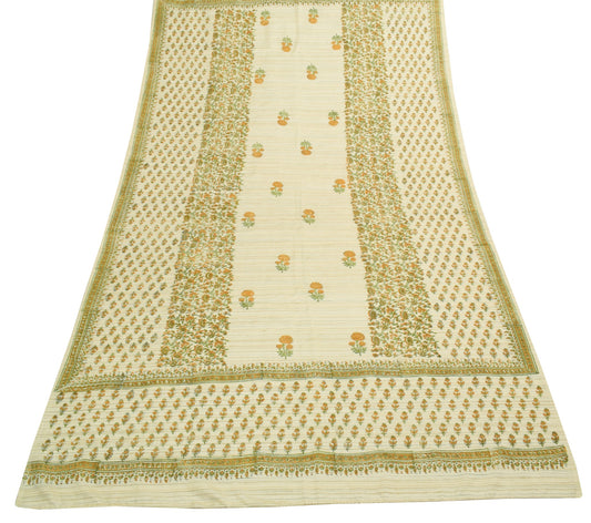 Sushila Vintage Cream Art Silk Dupatta Hand Block Printed Floral Long Stole Wrap