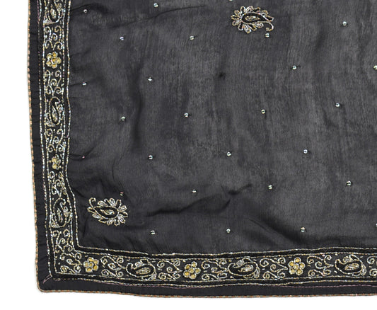 Sushila Vintage Black Art Silk Dupatta Glass Beads Embellish Indian Long Stole