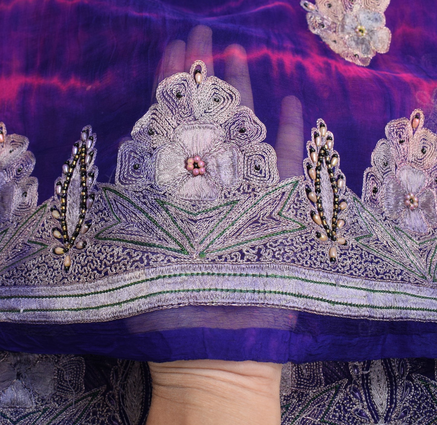 Sushila Vintage Blue Magenta Dupatta Pure Chiffon Embroidered Floral Long Stole
