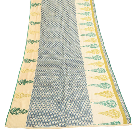 Sushila Vintage Blue Cream Dupatta Hand Block Printed Pure Woolen Long Stole