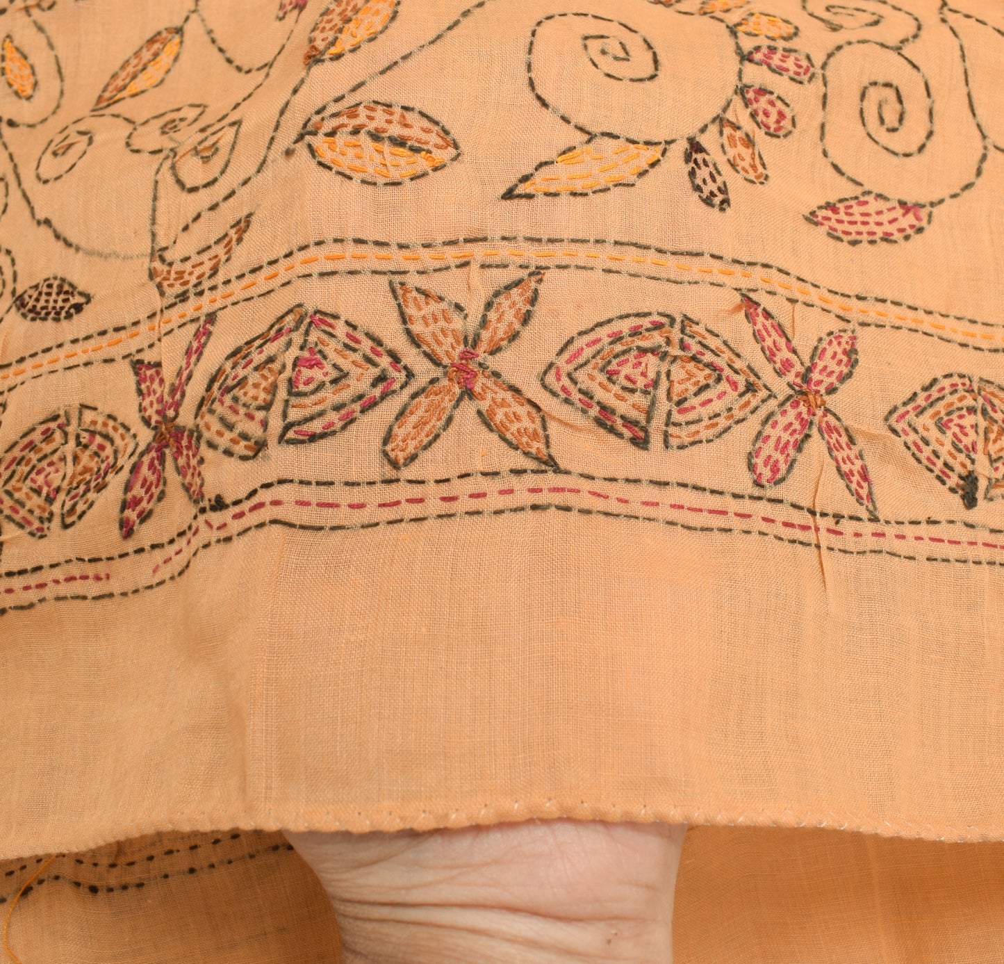 Sushila Vintage Peach Dupatta 100%Pure Cotton Hand Embroidered Kantha Long Stole