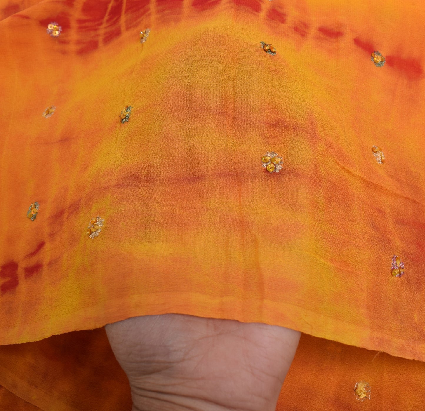 Sushila Vintage Tie-Dye Dupatta Red Yellow Pure Georgette Hand Beaded Long Stole