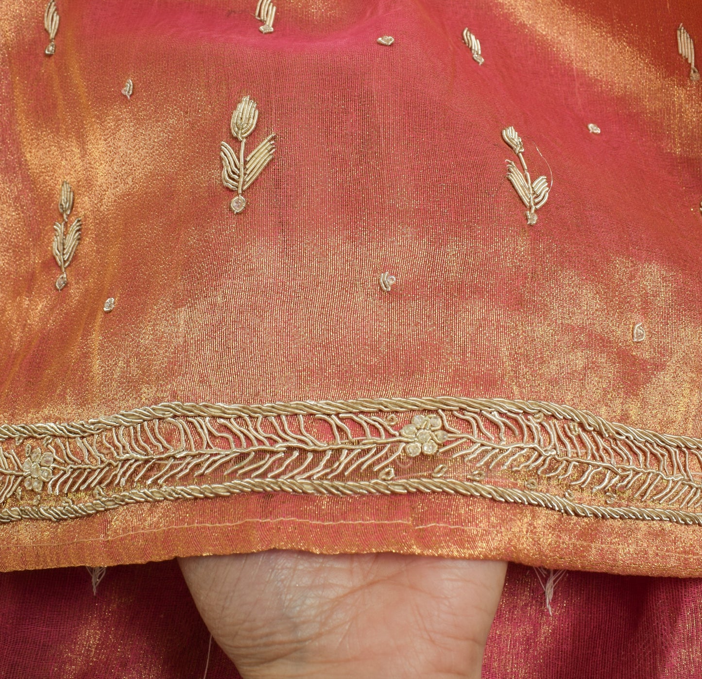 Sushila Vintage Zardozi Work Heavy Dupatta Art Tissue Pink Gold Tone Long Stole