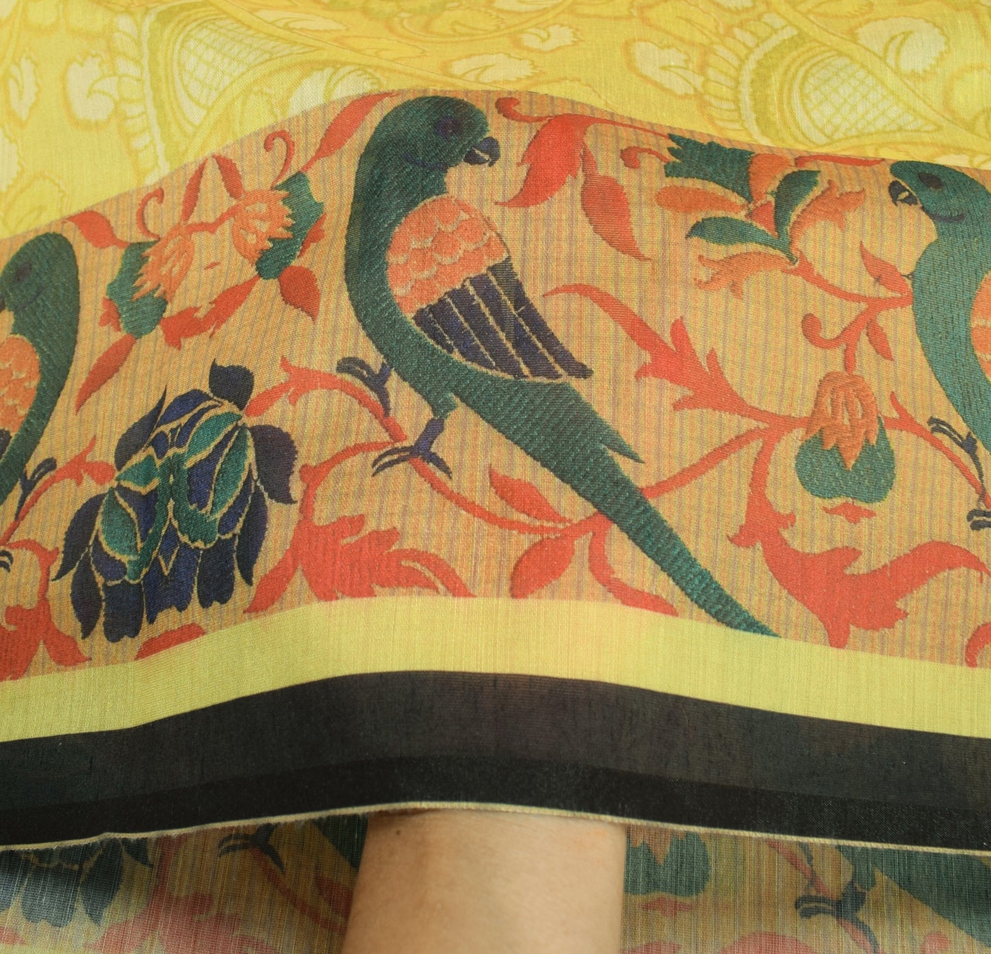 Sushila Vintage Kalamkari Printed Dupatta Art Cotton Silk Floral Bids Long Stole