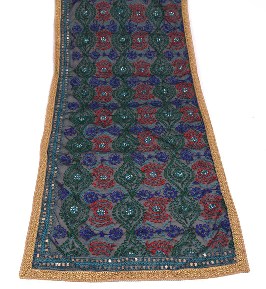 Sushila Vintage Black OOAK Dupatta Art Silk Hand Embroidered Floral HEAVY Stole