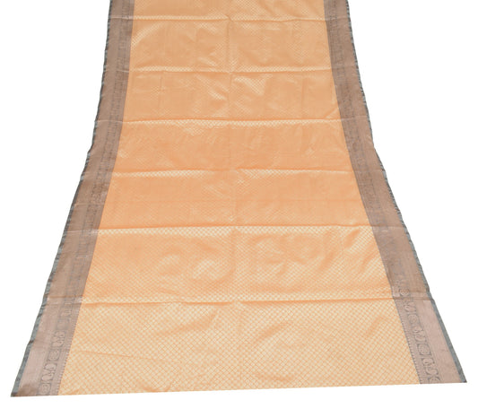 Sushila Vintage Peach Dupatta with Gray Border Art Silk Floral Woven Long Stole