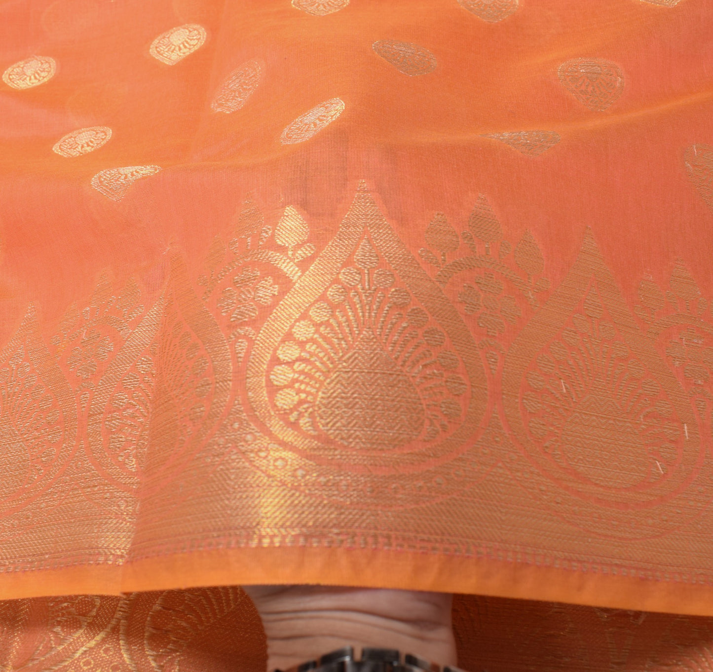 Sushila Vintage Peach Orange Dupatta Art Cotton Silk Woven Banarasi Long Stole
