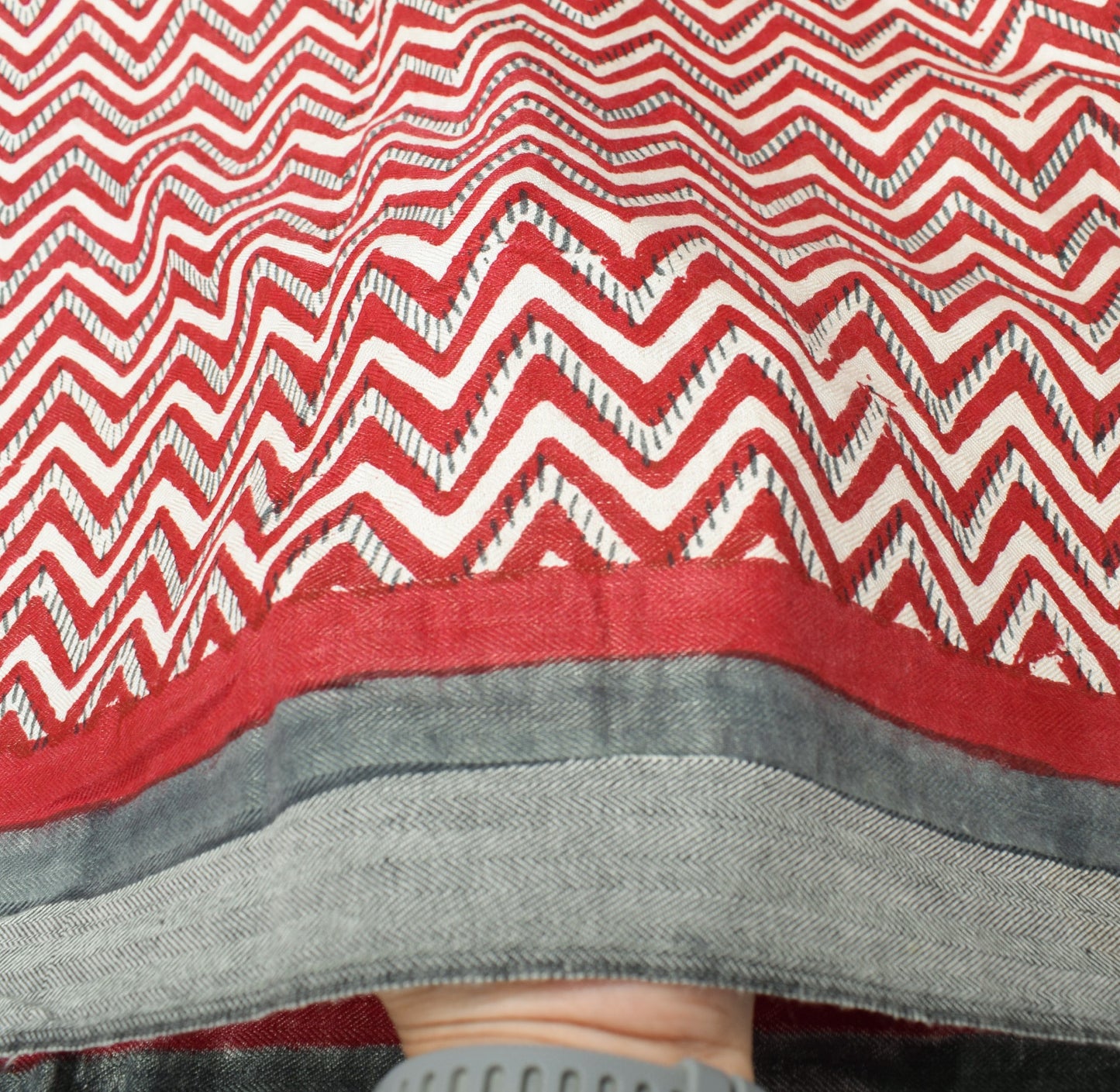 Sushila Vintage Red Cream Dupatta Pure Woolen Hand Printed Zig-Zag Long Stole