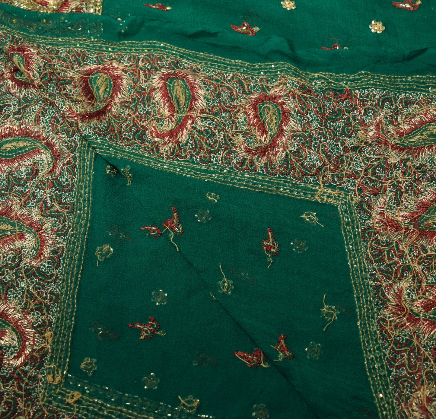 Sushila Vintage Green Dupatta Pure Georgette Glass Beads Embellish Long Stole