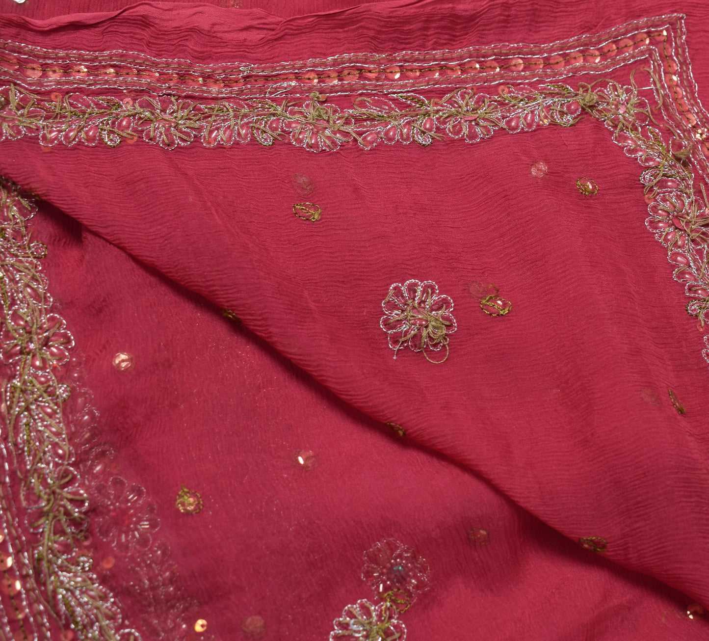 Sushila Vintage Pink Dupatta 100% Pure Chiffon Silk Hand Beaded Long Stole Wrap
