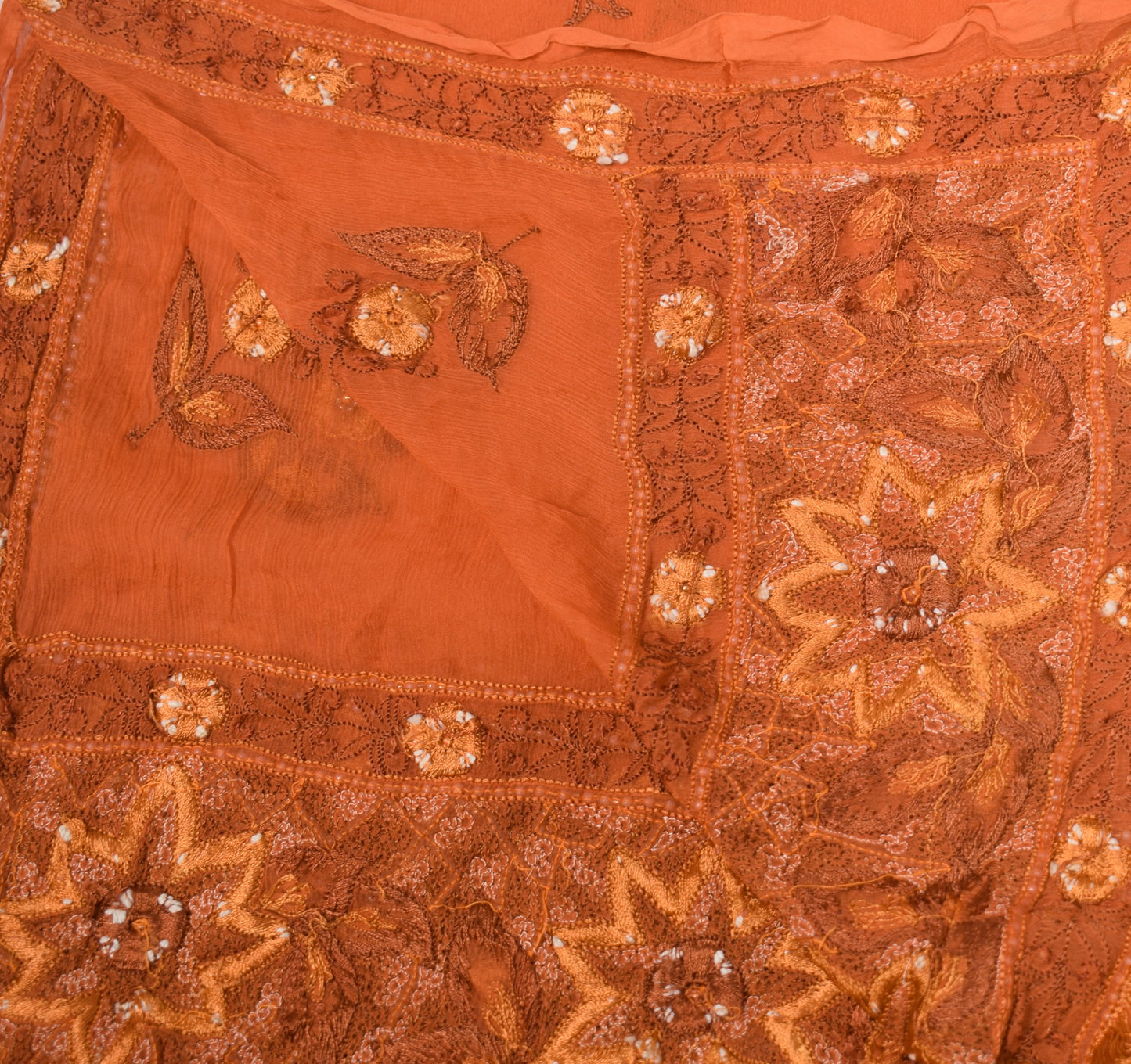 Sushila Vintage Rust Dupatta Pure Chiffon Silk Hand Embroidered Floral LongStole