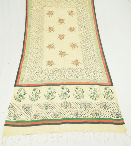 Sushila Vintage Beige Dupatta Hand Block Pure Cotton Silk Bhagalpuri Long Stole