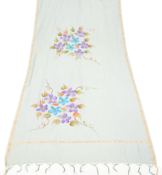 Sushila Vintage Floral Gray Dupatta Pure Cotton Silk Hand Printed Long Stole