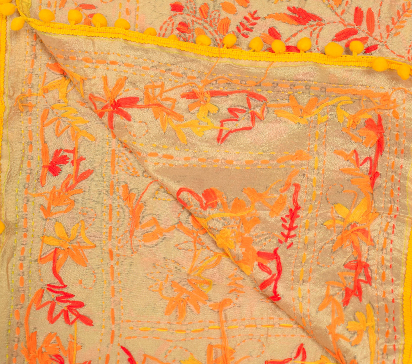Sushila Vintage Heavy Light Brown Dupatta Art Silk Handmade Phulkari OOAK Stole