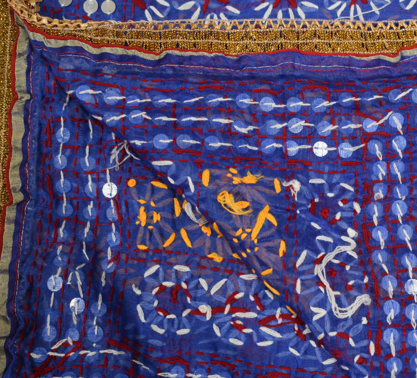 Sushila Vintage Heavy Blue Dupatta Art Silk Handmade Phulkari OOAK Long Stole