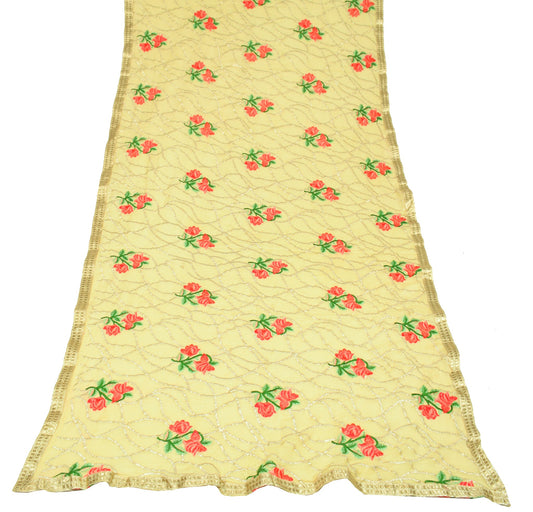 Sushila Vintage Pure Chiffon Dupatta Floral Embroidered Light Yellow Long Stole