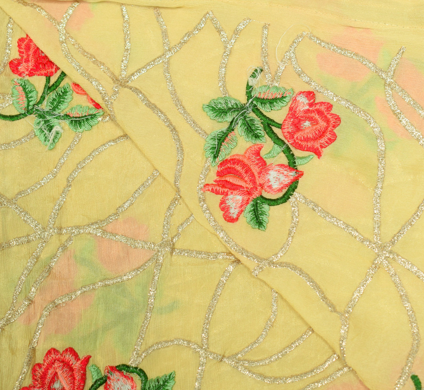 Sushila Vintage Pure Chiffon Dupatta Floral Embroidered Light Yellow Long Stole