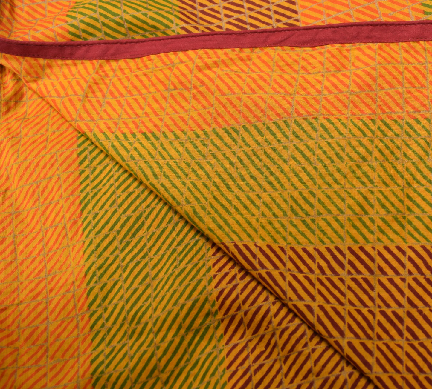 Sushila Vintage Yellow Dupatta 100% Pure Cotton Stripes Hand Printed Long Stole