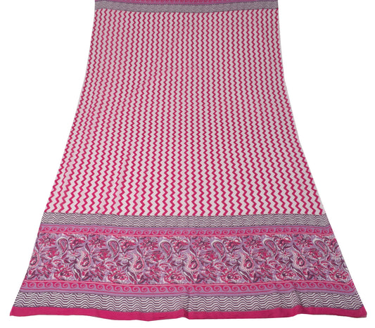 Sushila Vintage White Pink Dupatta Printed Zig-Zag 100% Pure Cotton Long Stole