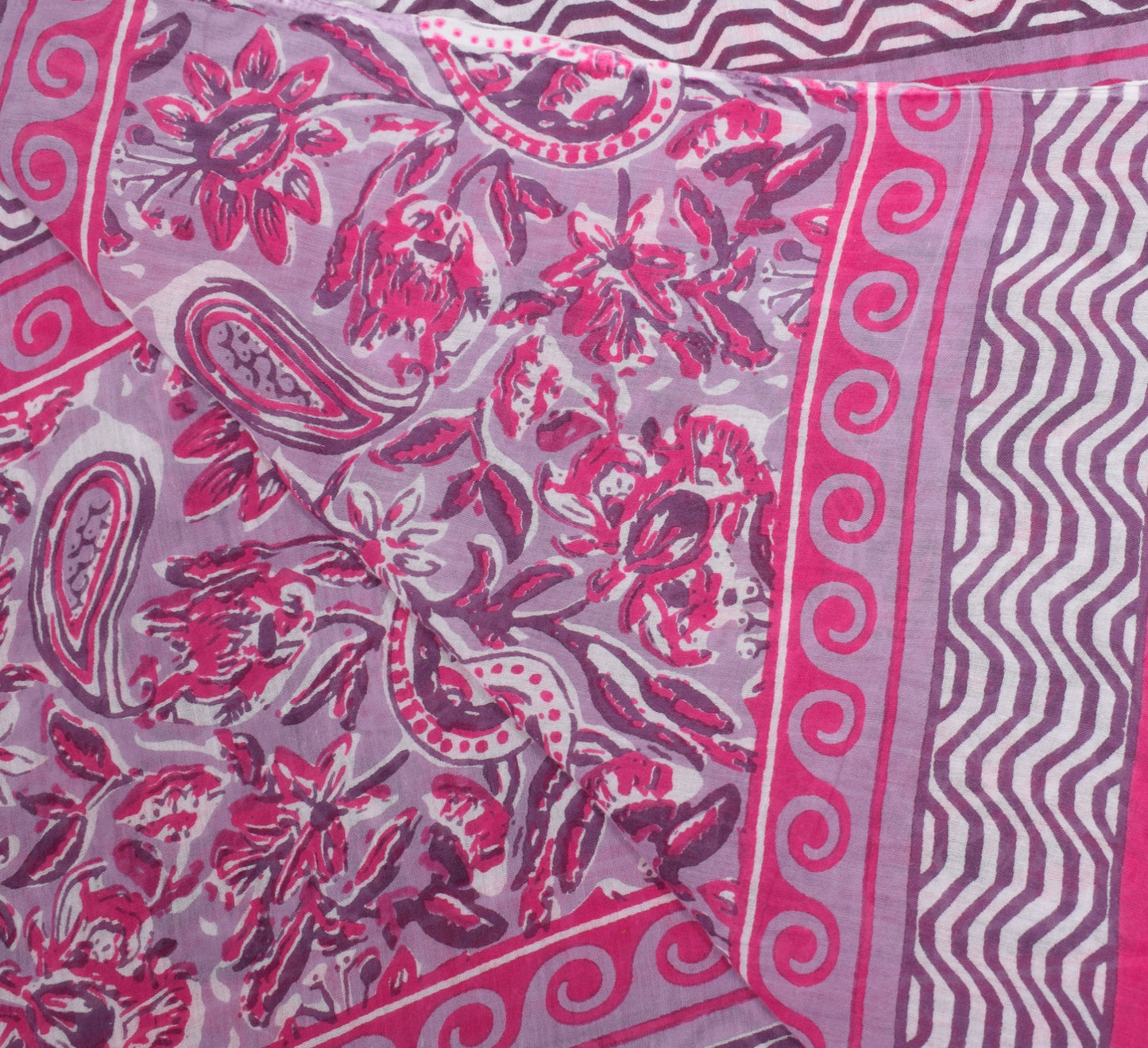 Sushila Vintage White Pink Dupatta Printed Zig-Zag 100% Pure Cotton Long Stole