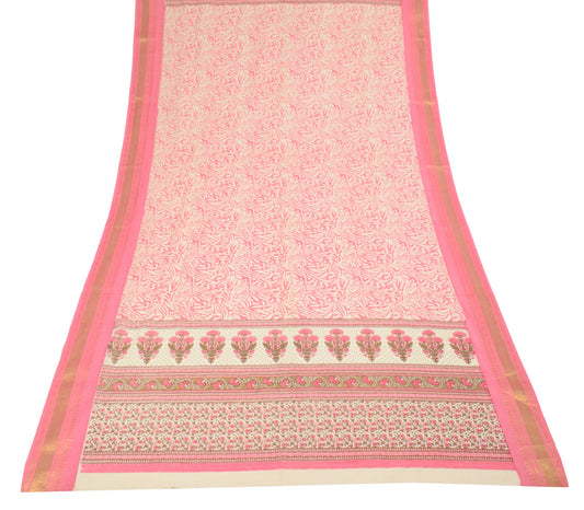 Sushila Vintage Cream Pink Dupatta Hand Block Printed & Woven Border Long Stole