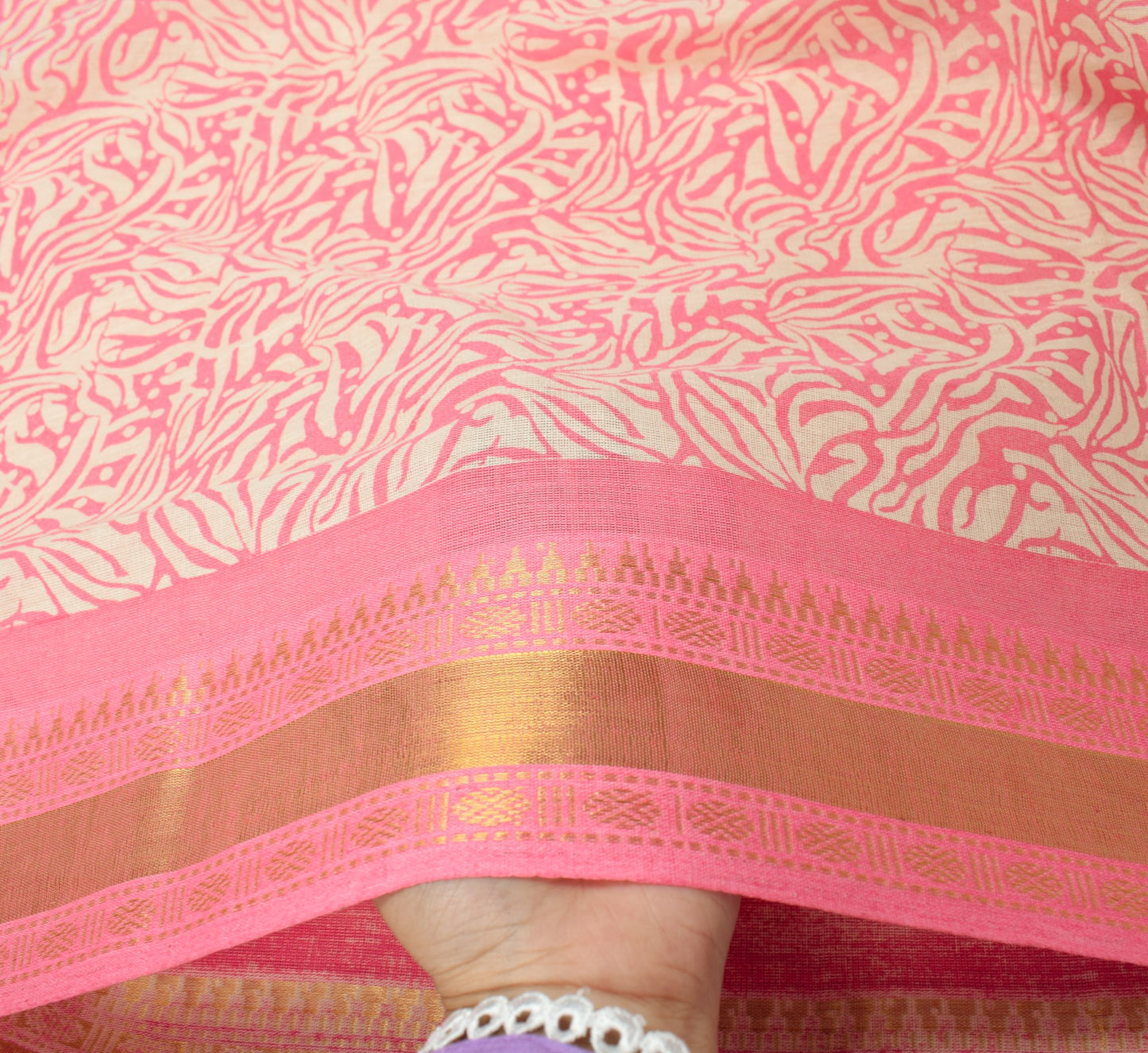 Sushila Vintage Cream Pink Dupatta Hand Block Printed & Woven Border Long Stole