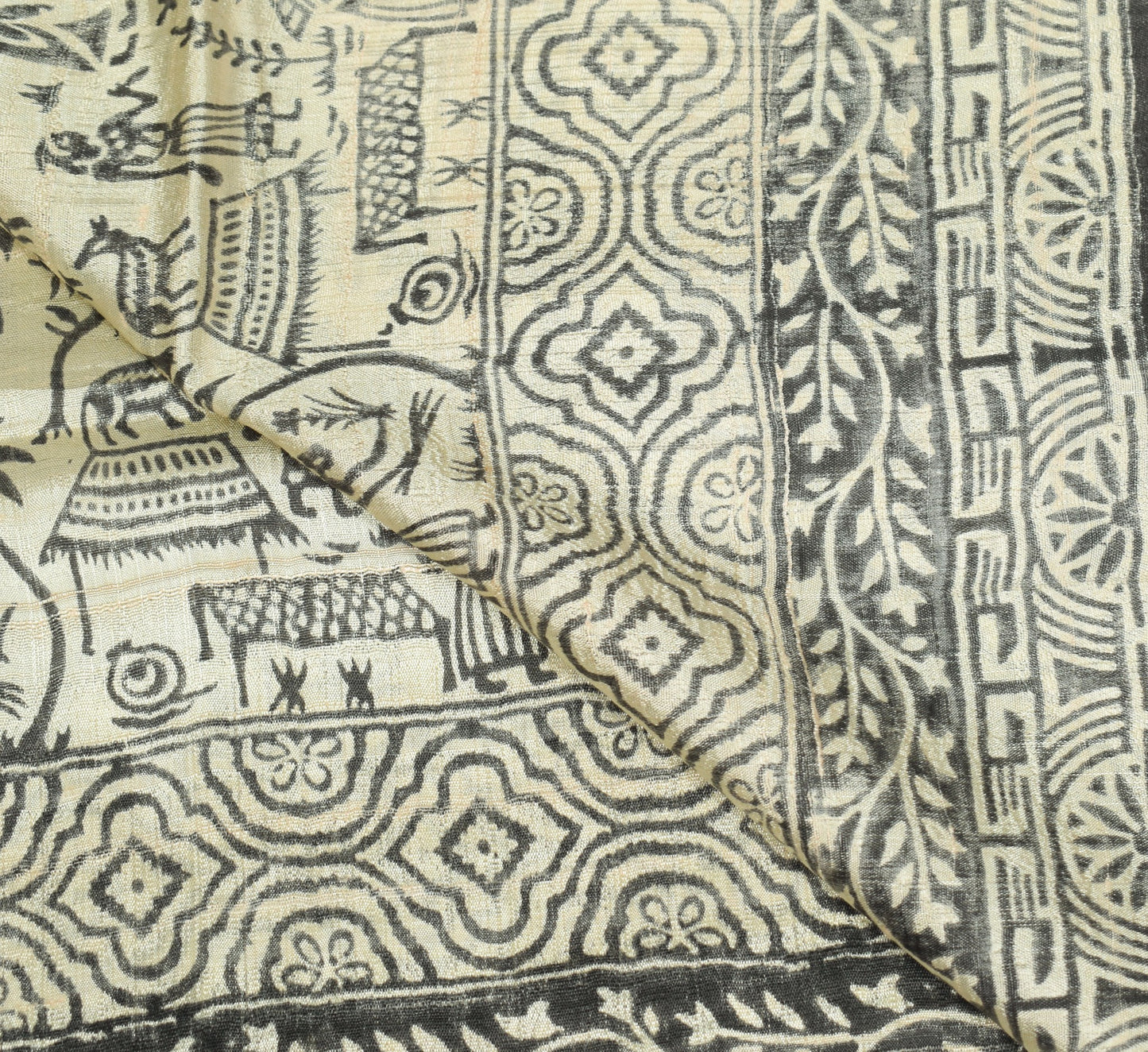Sushila Vintage Pure Rayon Dupatta Warli Printed Cream Handmade Long Stole Wrap