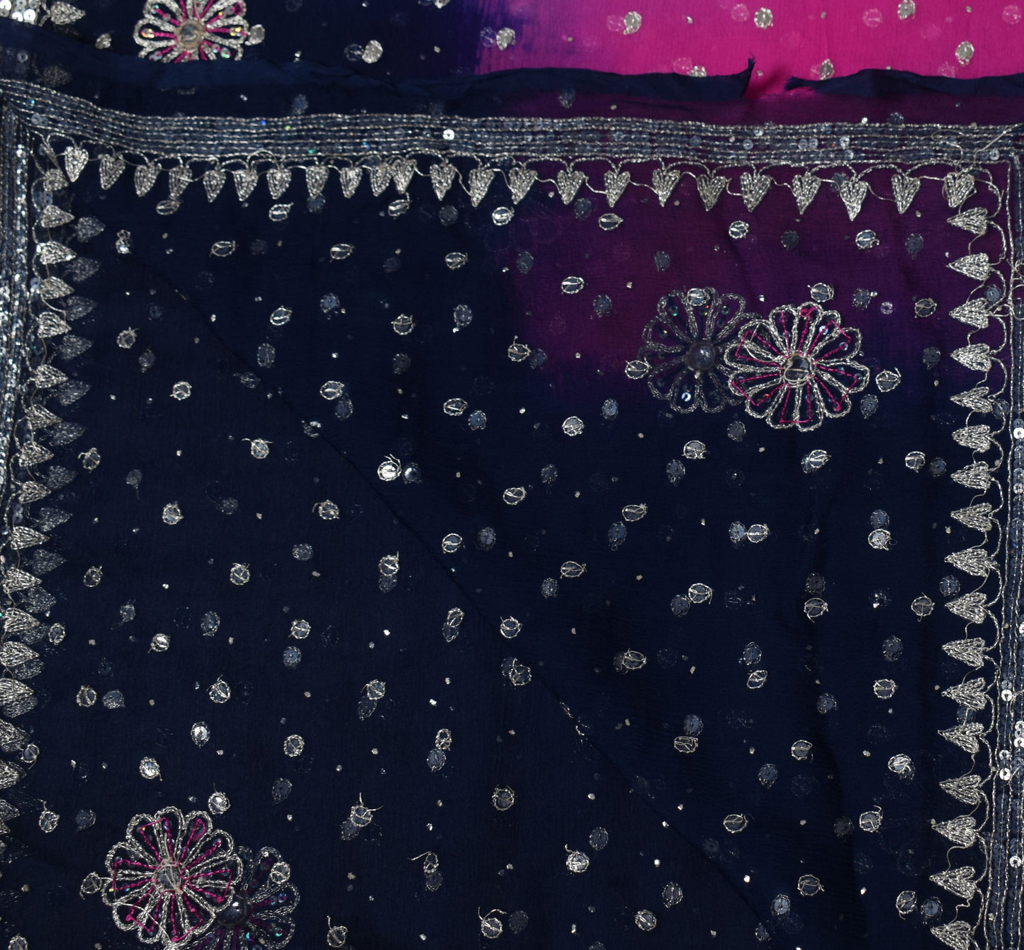 Sushila Vintage Magenta Blue Dupatta Pure Chiffon Embroidered Floral Long Stole